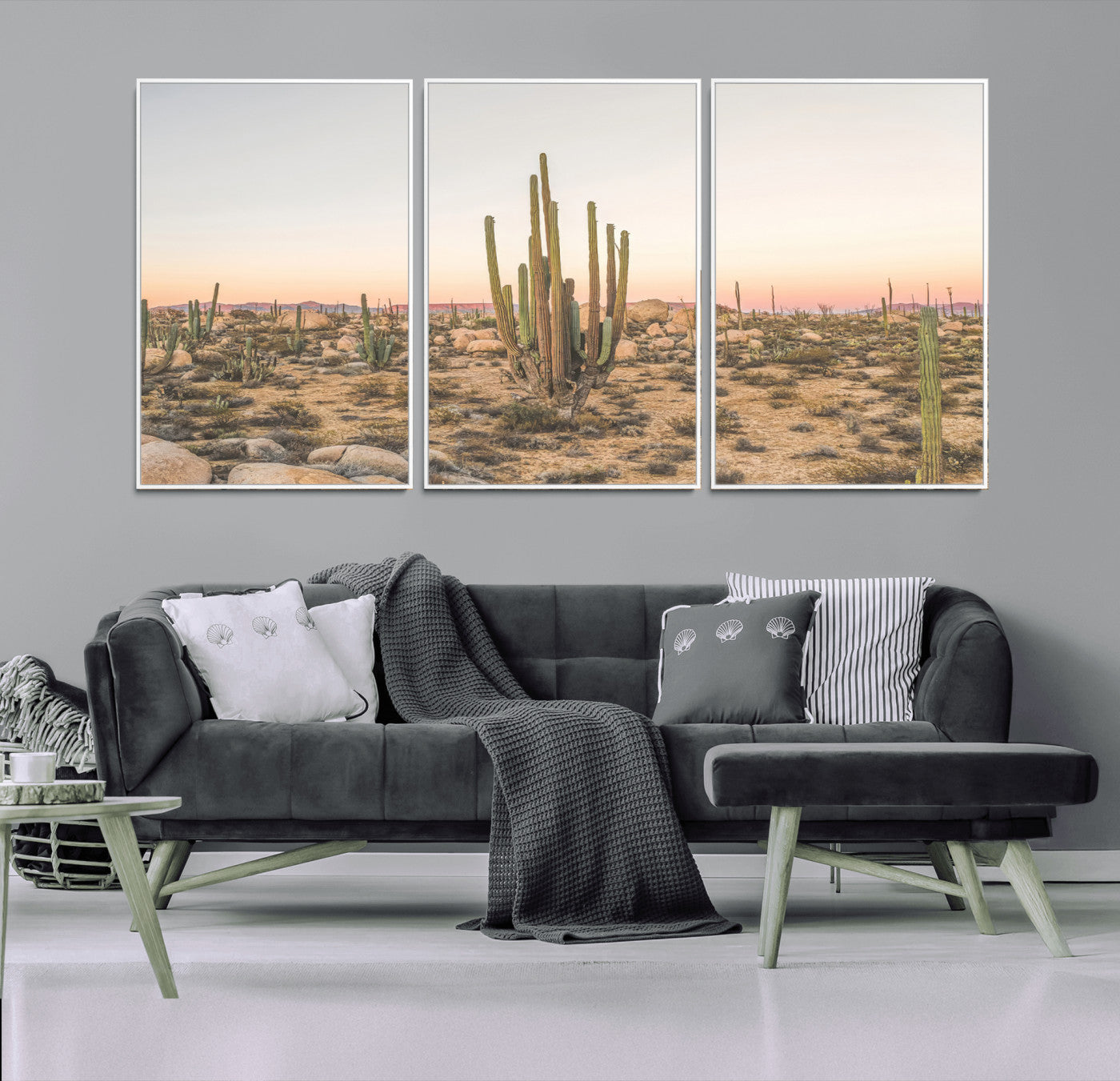 76234974-MGV-FC-60X30-3P_White-Desert Cactus Wall Art Canvas Print, Framed Baja Desert Art Picture Print, Pastel Desert Perfect Southwestern Boho Decor Artwork