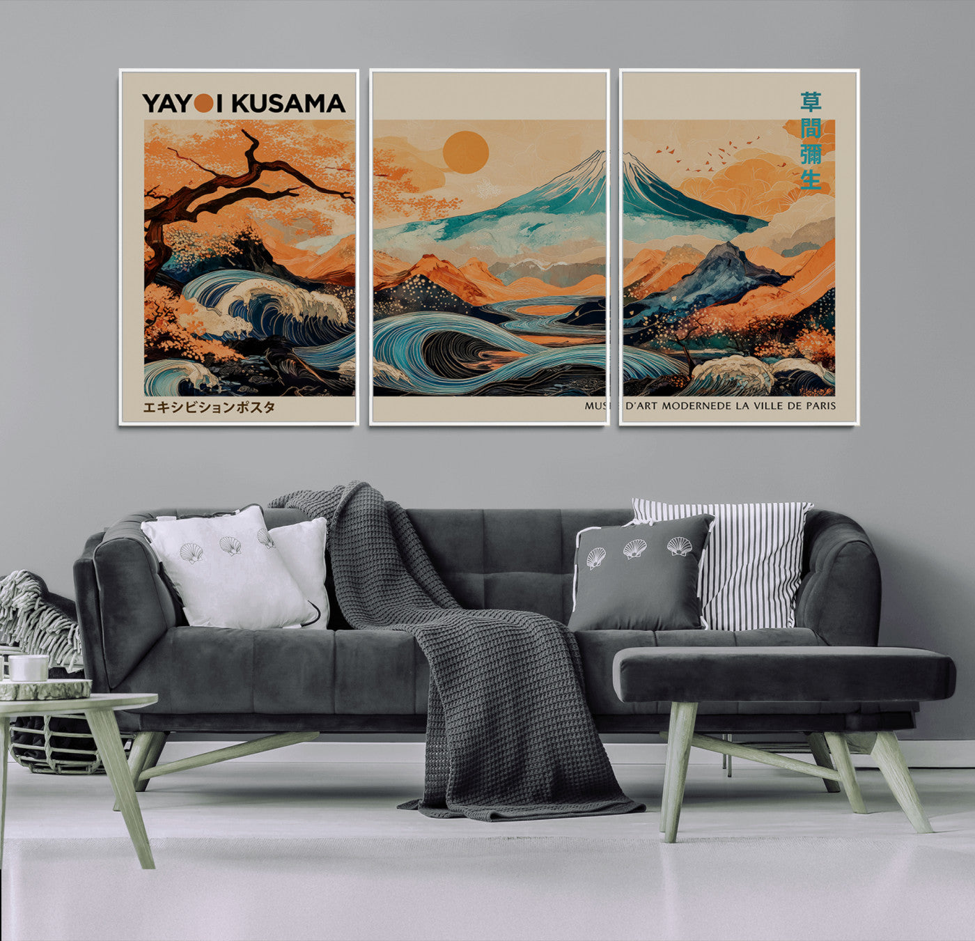 22373530-MGV-CV-36X24-Japanese Mt Fuji Wave Art Print – Ukiyo e Inspired Sun & Cherry Blossom Poster, Traditional Asian Landscape Painting, Modern