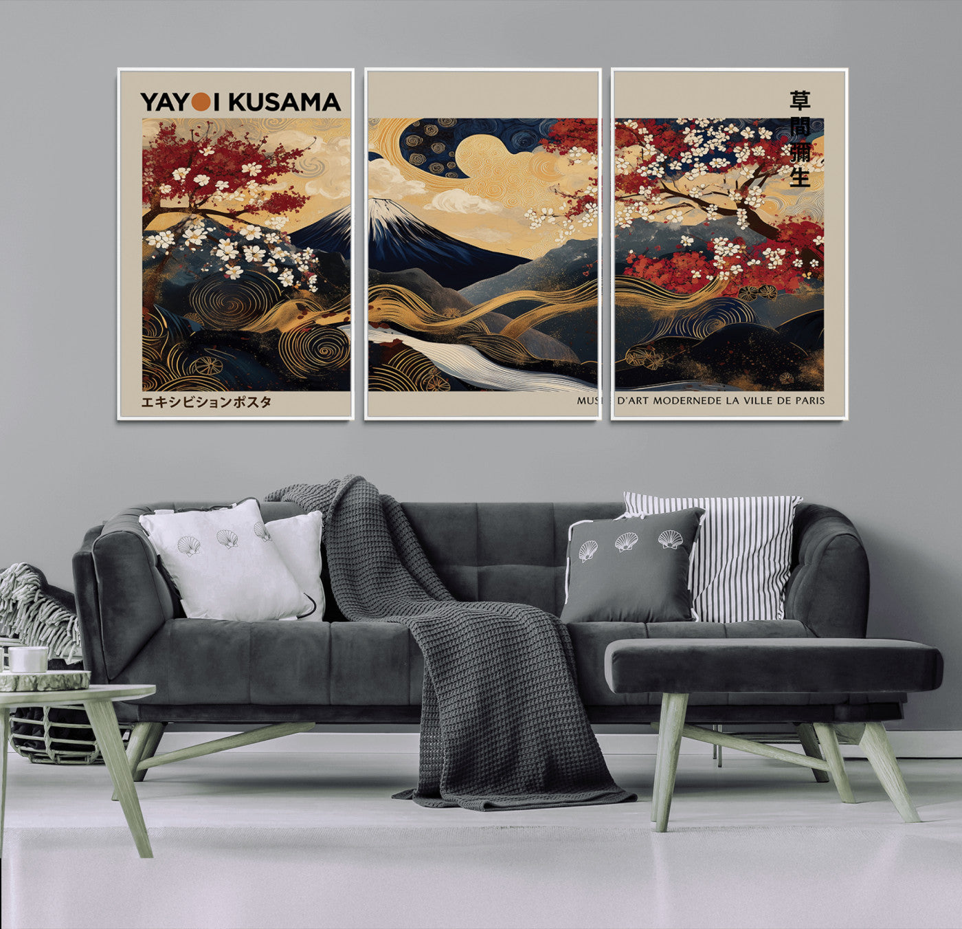 54967195-MGV-CV-36X24-Mount Fuji Wall Art – Japanese Cherry Blossom Abstract Canvas Print, Navy Gold Landscape Painting, Oriental Luxury Home Decor
