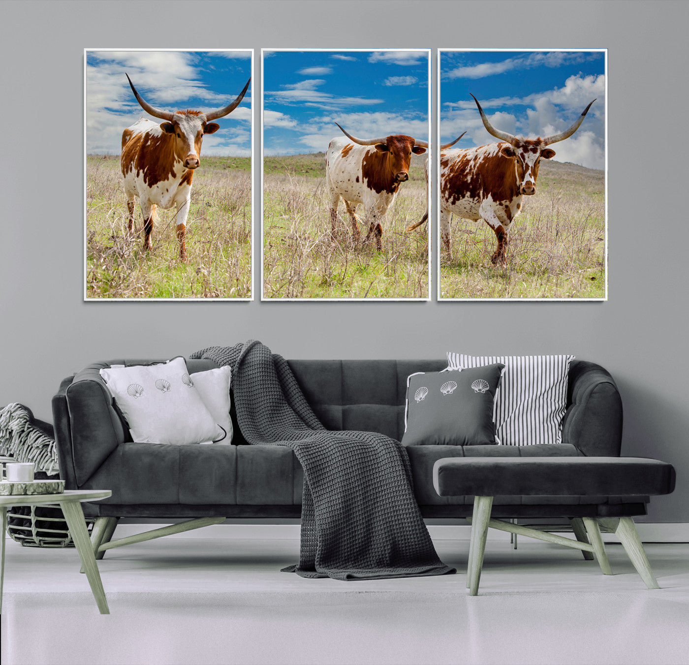 58099948-MGV-FC-60X30-3P_White-Texas Longhorn Wall Art Canvas Print, Framed Western Decor Art Picture Print, Rustic Farmhouse Perfect Western Farmhouse Decor