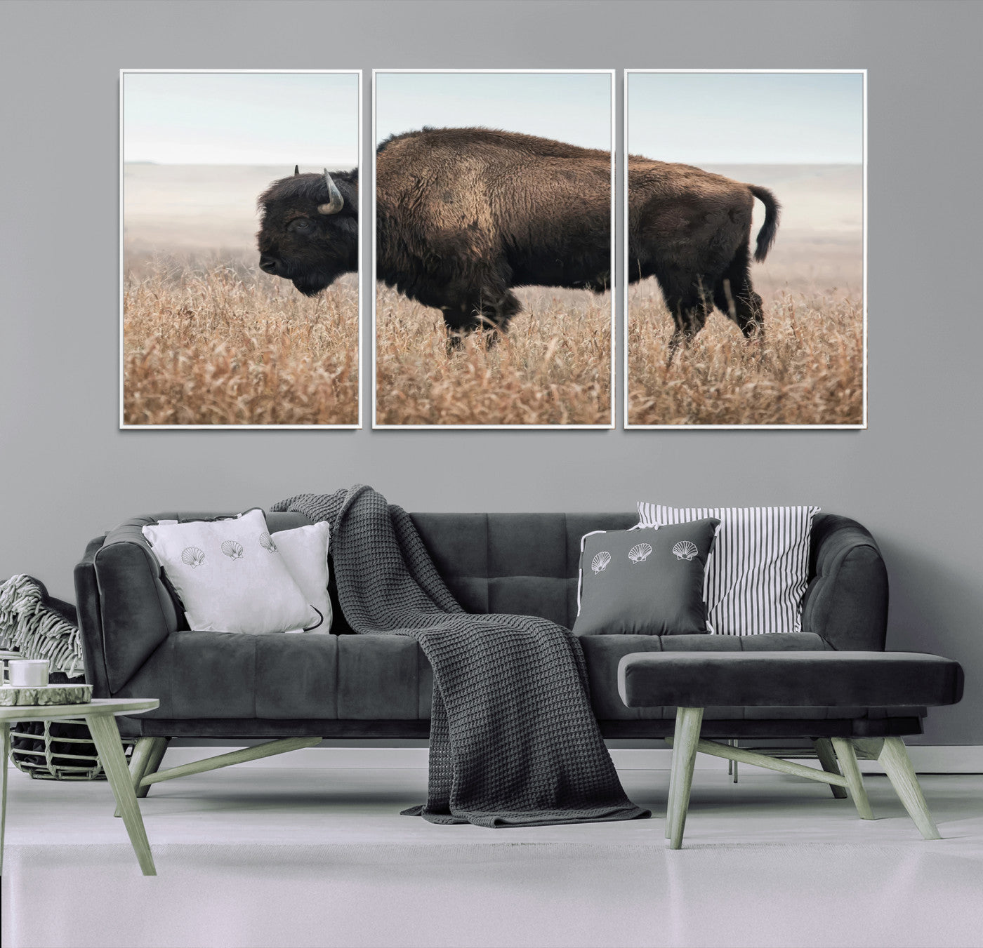 34451925-MGV-CV-36X24-Rustic Bison Decor Wall Art Canvas Print, Framed Buffalo Home Accent Art Picture Print, Prairie Wildlife Scene Perfect Western