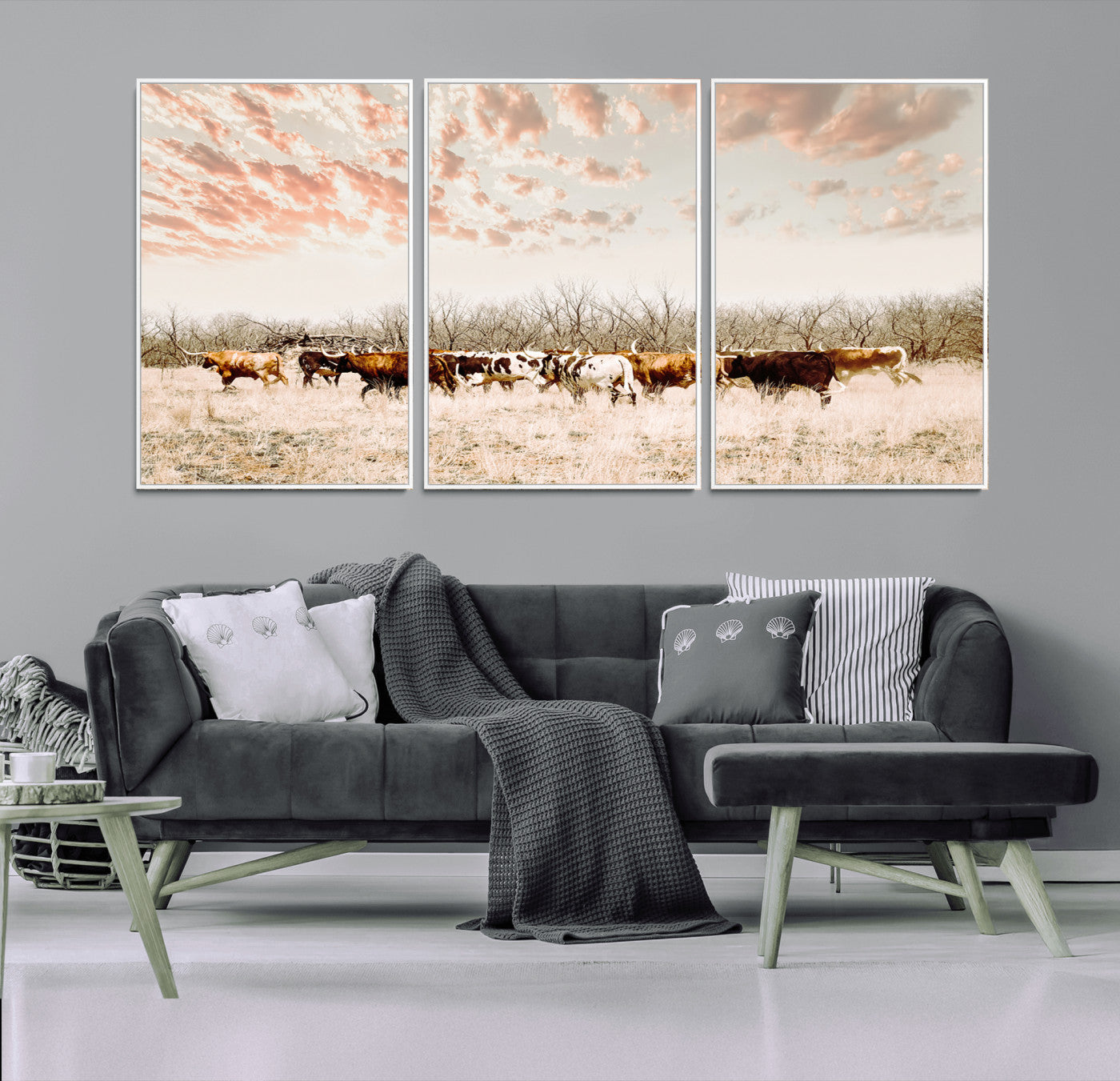 43704663-MGV-FC-60X30-3P_White-Country Cow Herd Wall Art Canvas Print, Framed Farmhouse Cattle Scene Art Picture Print, Rustic Ranch Decor Perfect Rustic