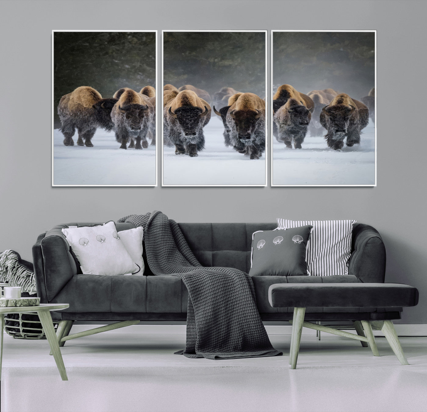 41669135-MGV-FC-60X30-3P_White-Bison Herd Scene Wall Art Canvas Print, Framed Rustic Wildlife Decor Art Picture Print, Snowy Bison Landscape Perfect Rustic
