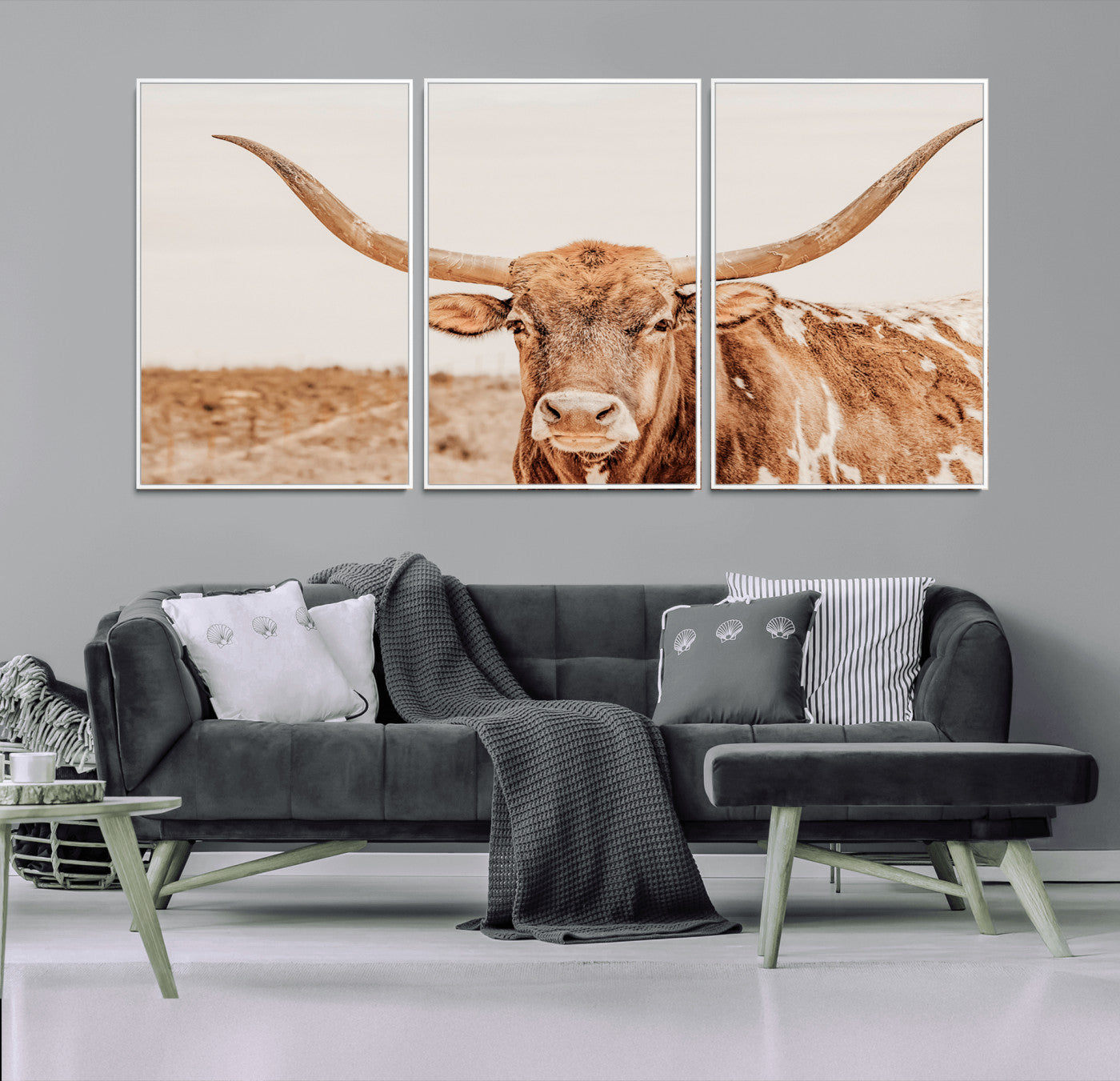 74406977-MGV-FC-60X30-3P_White-Longhorn Bull Decor Wall Art Canvas Print, Framed Western Cow Theme Art Picture Print, Rustic Farmhouse Wall Perfect Neutral