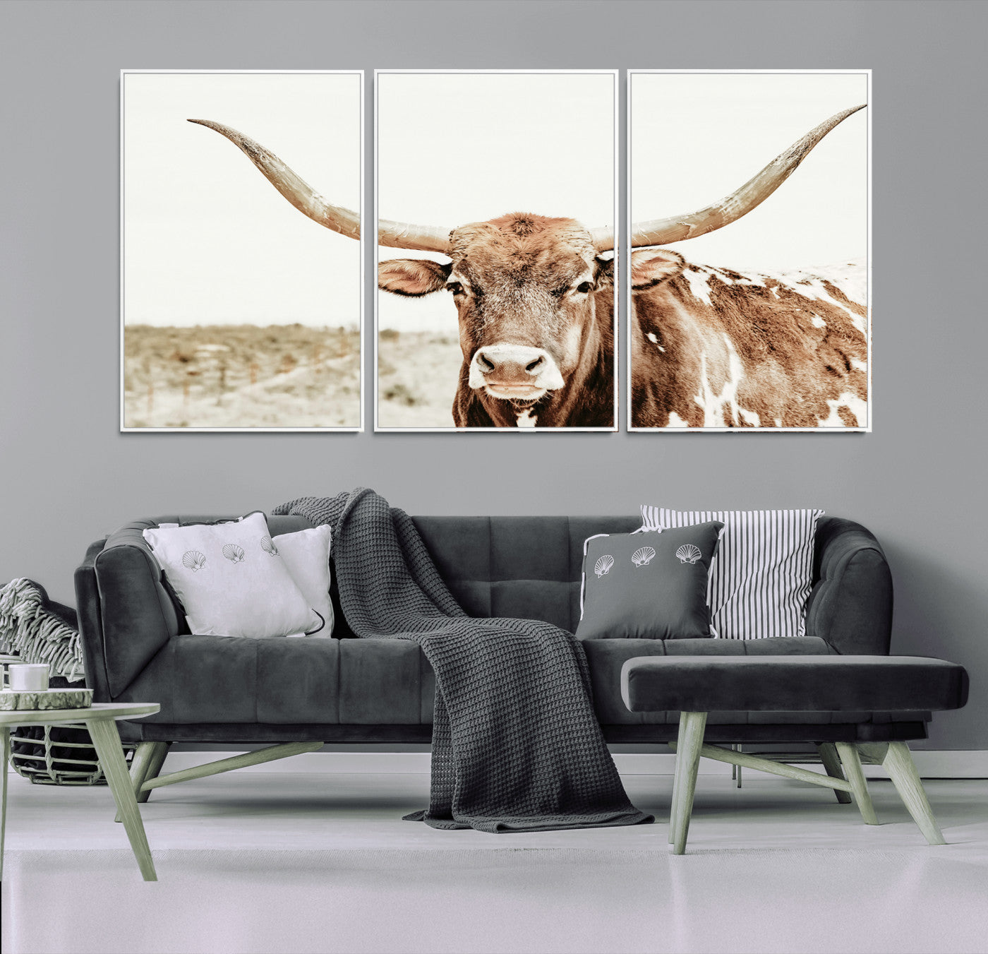 98924580-MGV-FC-60X30-3P_White-Texas Longhorn Bull Wall Art Canvas Print, Framed Rustic Farmhouse Decor Art Picture Print, Western Animal Theme Perfect Rustic