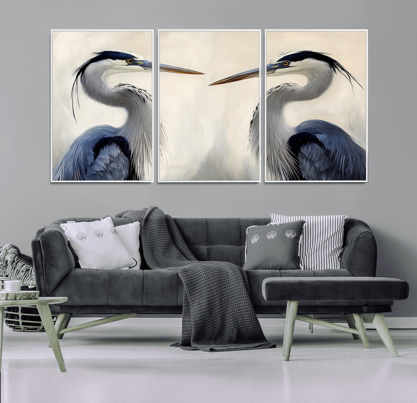 18230556-MGV-CV-36X24-Blue Heron Pair Wall Art Canvas Print, Framed Coastal Bird Theme Art Picture Print, Tranquil Wildlife Scene Perfect Coastal
