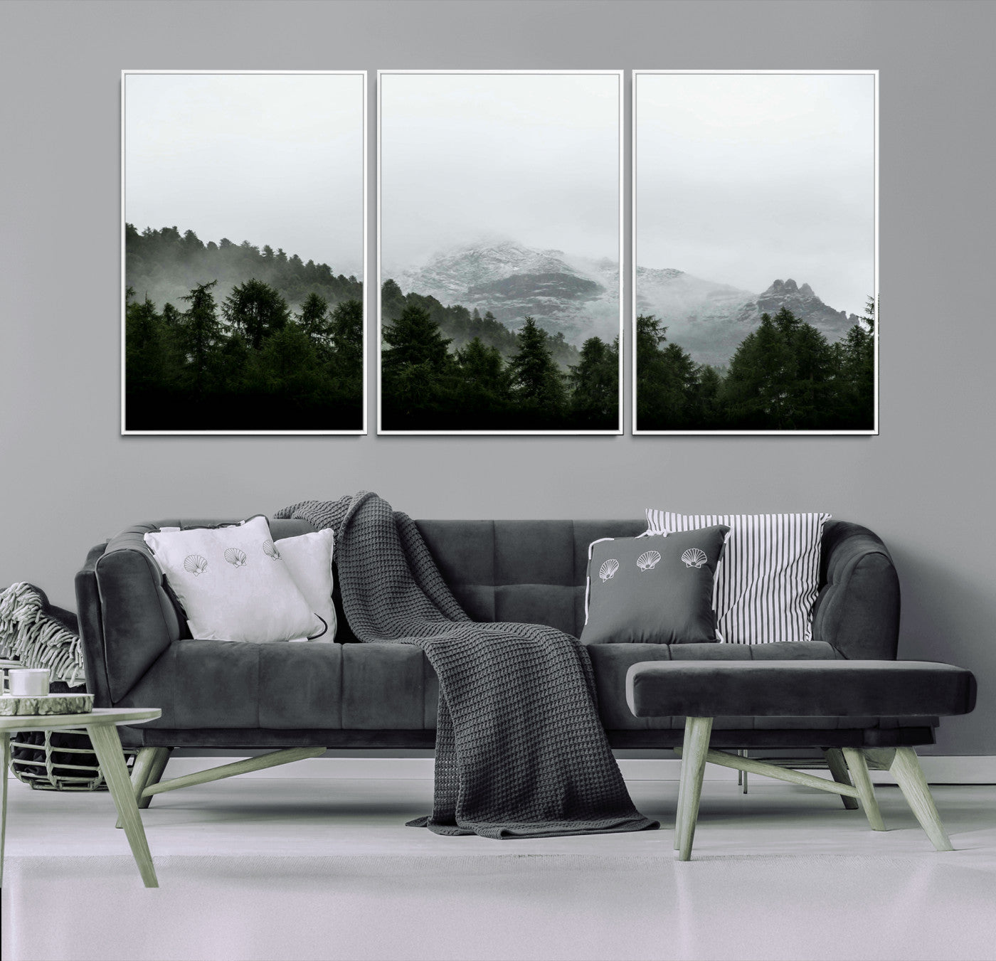 55968349-MGV-CV-36X24-Misty Mountains Wall Art Canvas Print, Framed Foggy Forest Art Picture Print, Snowy Peaks Perfect Moody Wilderness Decor Artwork
