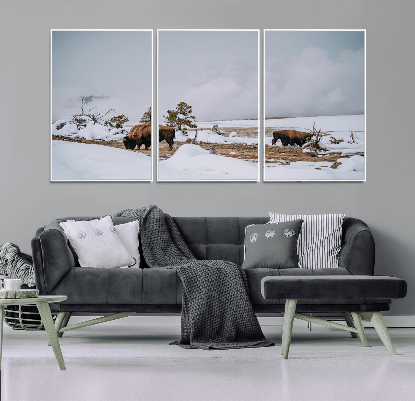 60308289-MGV-CV-36X24-Bison Wildlife Wall Art Canvas Print, Framed Snowy Prairie Art Picture Print, Western Landscape Perfect Rustic Winter Decor