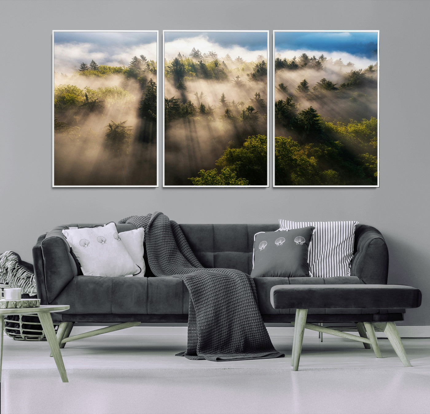 14785710-MGV-CV-36X24-Tranquil Forest Scene Wall Art Canvas Print, Framed Sunbeam Through Trees Art Picture Print, Moody Green Wall Art Perfect