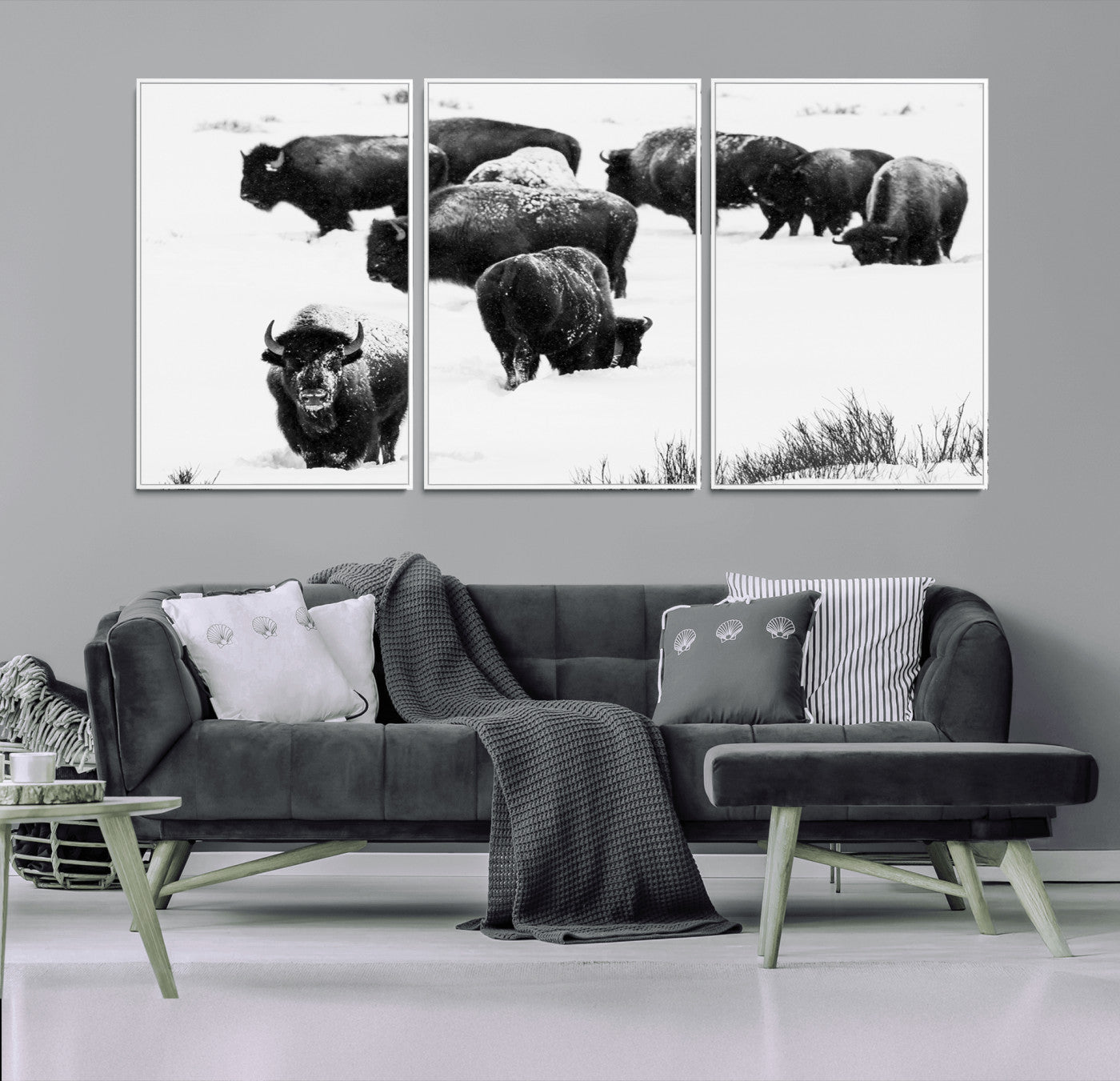 18914414-MGV-CV-36X24-Buffalo Herd Wall Art Canvas Print, Framed Black and White Art Picture Print, Snowy Landscape Perfect Rustic Lodge Decor Decor