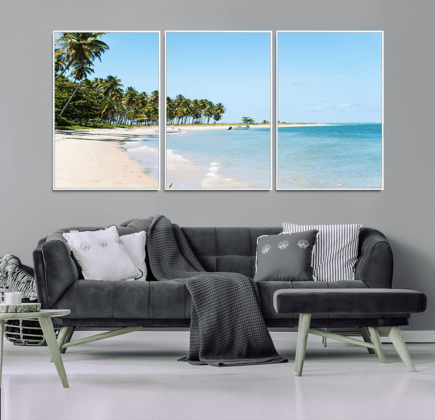 37858872-MGV-CV-36X24-Palm Tree Coast Wall Art Canvas Print, Framed Island Getaway Art Picture Print, Crystal Blue Water Perfect Tropical Coastal Decor
