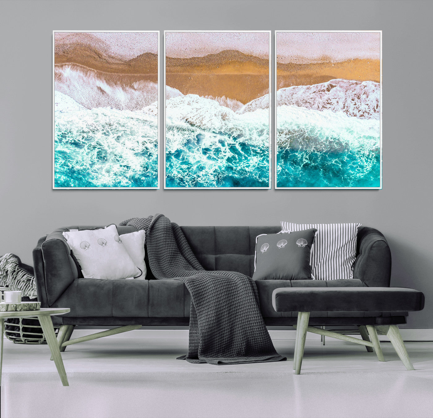 26870666-MGV-FC-60X30-3P_White-Aerial Beach Wall Art Canvas Print, Framed Ocean Waves Art Picture Print, Coastal Landscape Perfect Coastal Minimalist Decor