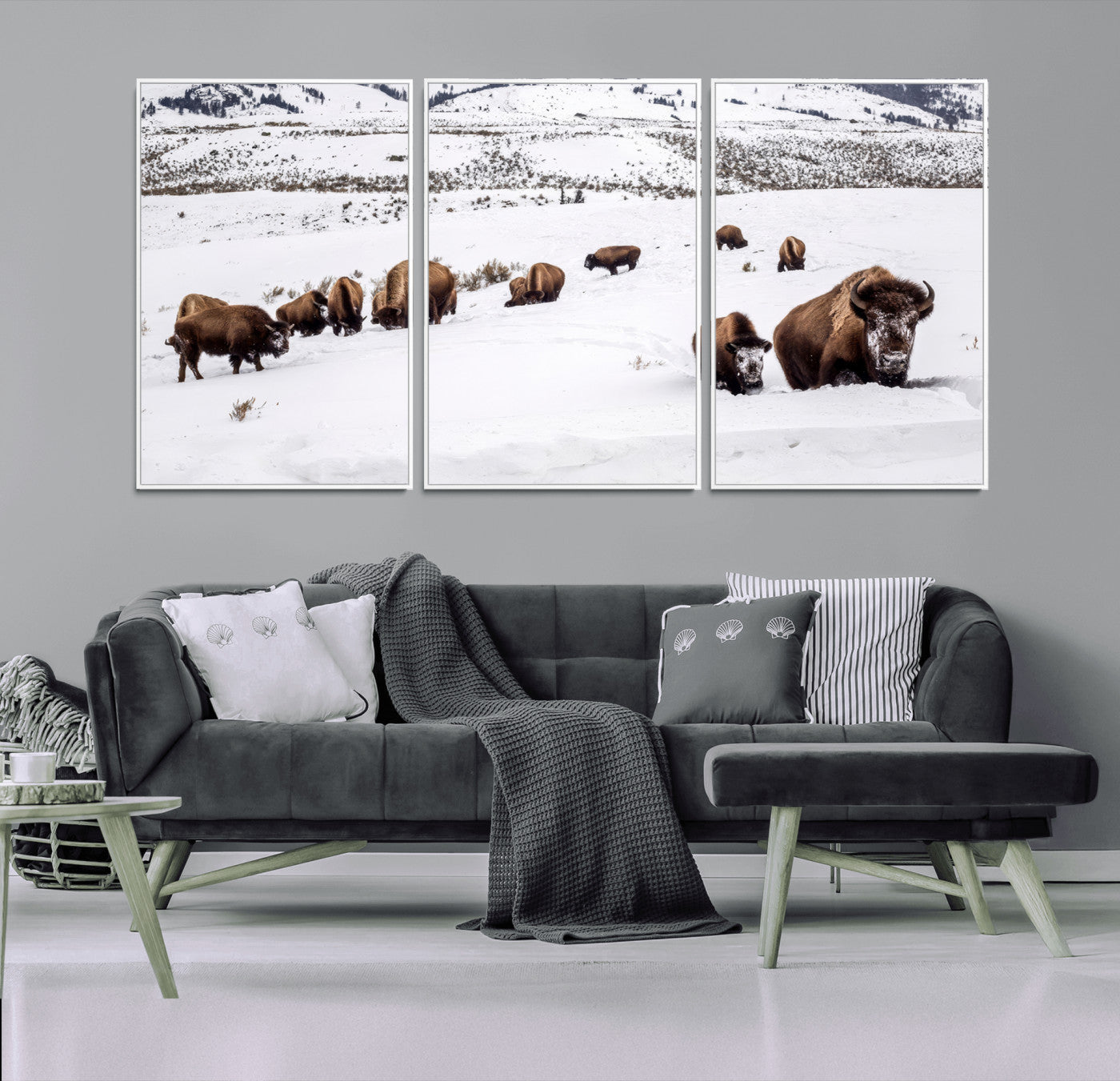 38217250-MGV-FC-60X30-3P_White-Bison Herd Wall Art – Wildlife Canvas Print of Buffalo Winter Snow Scene, Rustic Western Lodge Décor, Farmhouse & Cabin Nature