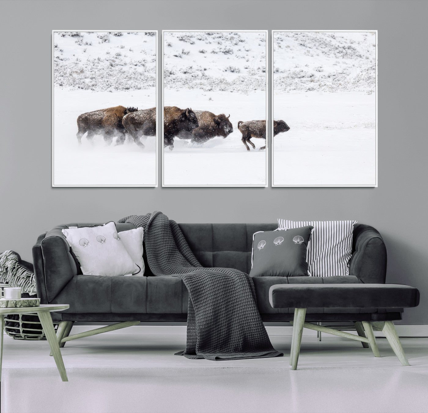 61161423-MGV-CV-36X24-Running Bison Herd Wall Art – Winter Buffalo Canvas Print, Wildlife Photography Decor for Rustic Living Room, Farmhouse, Lodge,