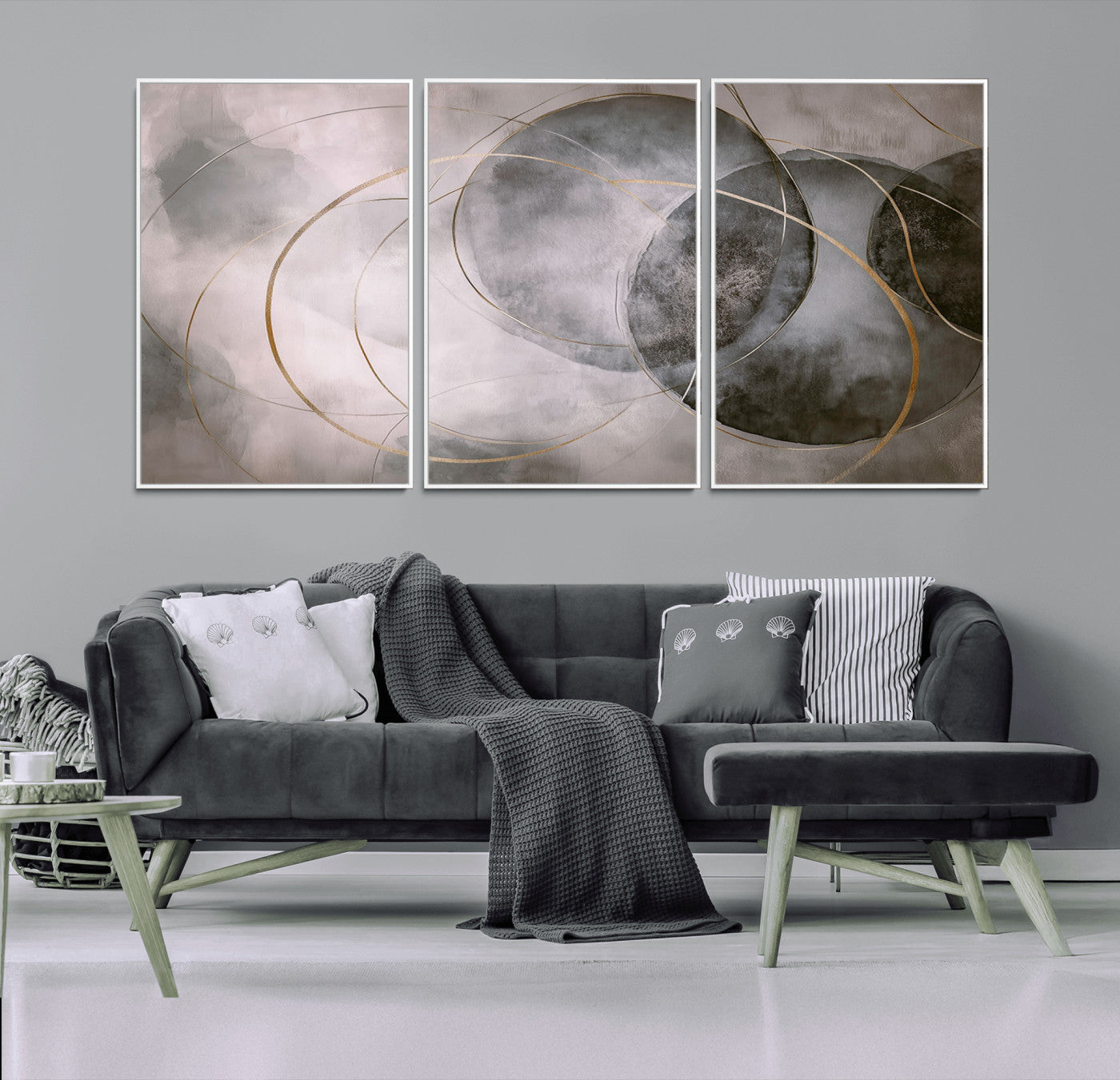 20066876-MGV-CV-36X24-Neutral Abstract Circle Wall Art – Modern Gray Beige Gold Canvas Print, Minimalist Geometric Painting for Bedroom, Living Room,