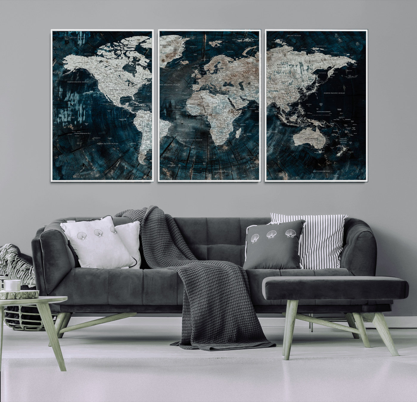 34425609-MGV-CV-36X24-World Map Wall Art – Rustic Navy and Grey Atlas Canvas Print, Distressed Explorer Map Artwork, Industrial Style Decor for Office,