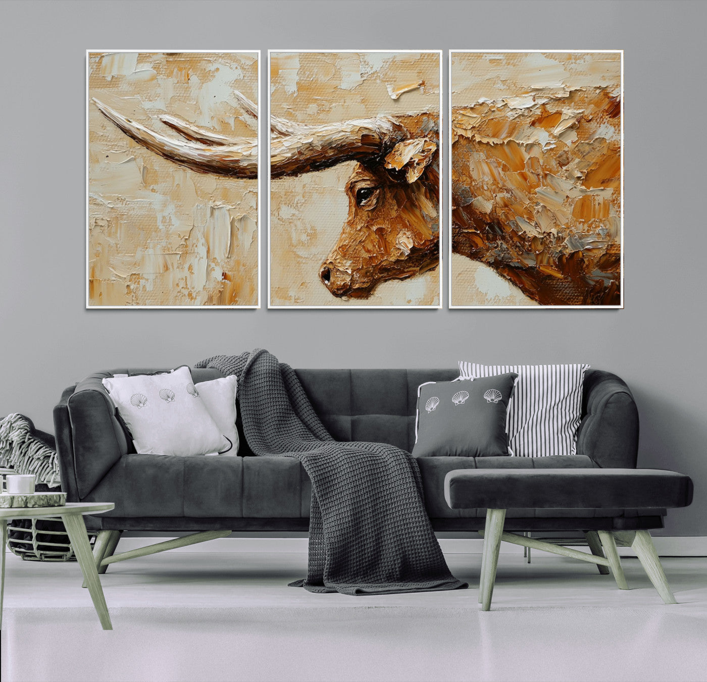 69611428-MGV-CV-36X24-Longhorn Bull Wall Art – Rustic Western Canvas Print, Textured Farmhouse Cattle Painting for Living Room, Office, or Ranch House
