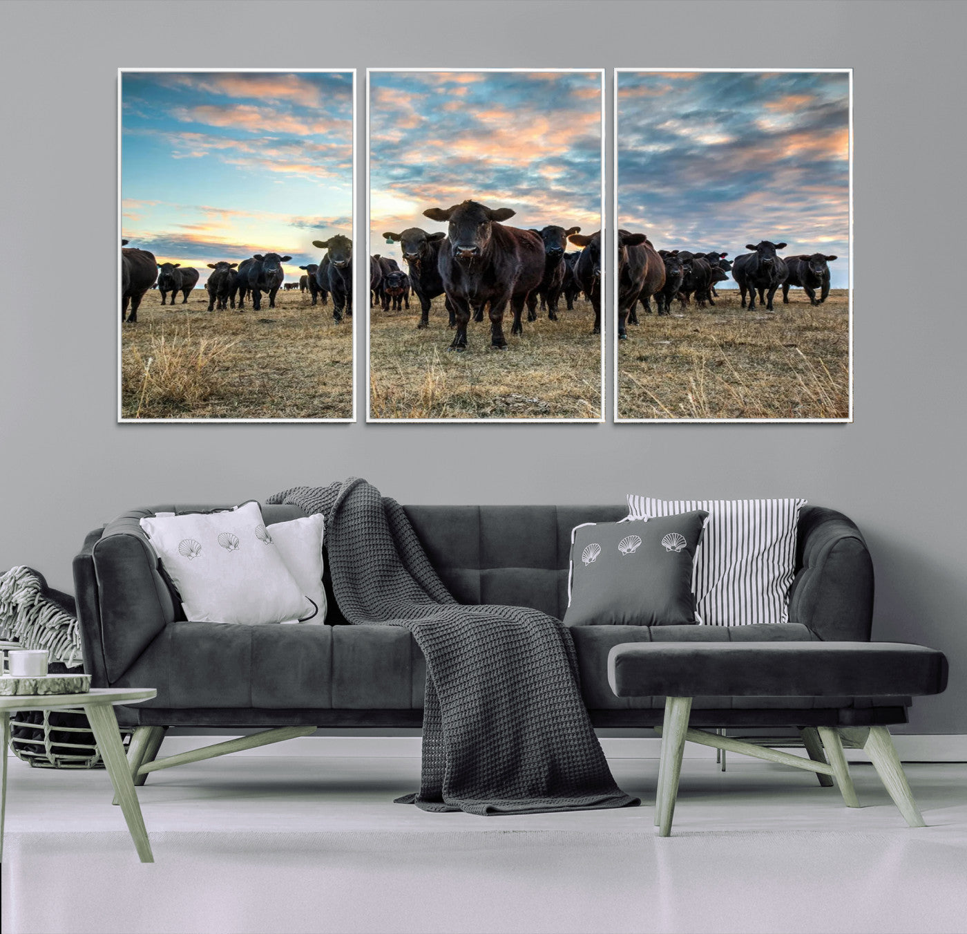 13867292-MGV-FC-60X30-3P_White-Black Cattle Wall Art – Rustic Ranch Herd Canvas Print, Western Farmhouse Country Landscape Decor for Living Room, Office, or