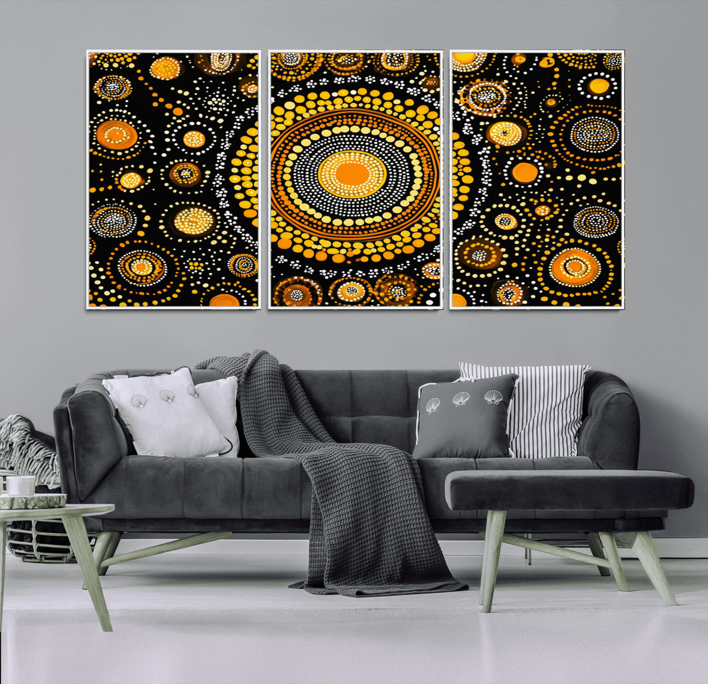 45478523-MGV-FC-60X30-3P_White-Abstract Circle Wall Art – Bold Black and Gold Dot Painting Canvas Print, Modern Geometric Mandala Style Decor for Living Room or