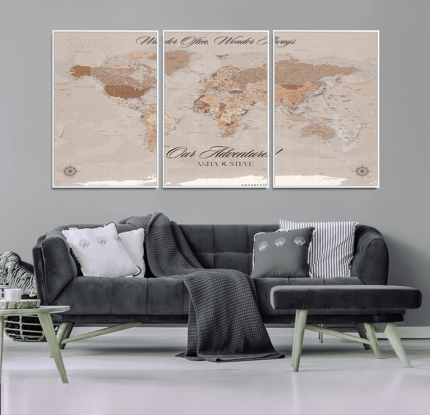 95243244-MGV-CV-36X24-Wander Often Wonder Always World Map Wall Art – Neutral Beige Adventure Canvas Print, Rustic Boho Travel Decor for Bedroom, Living