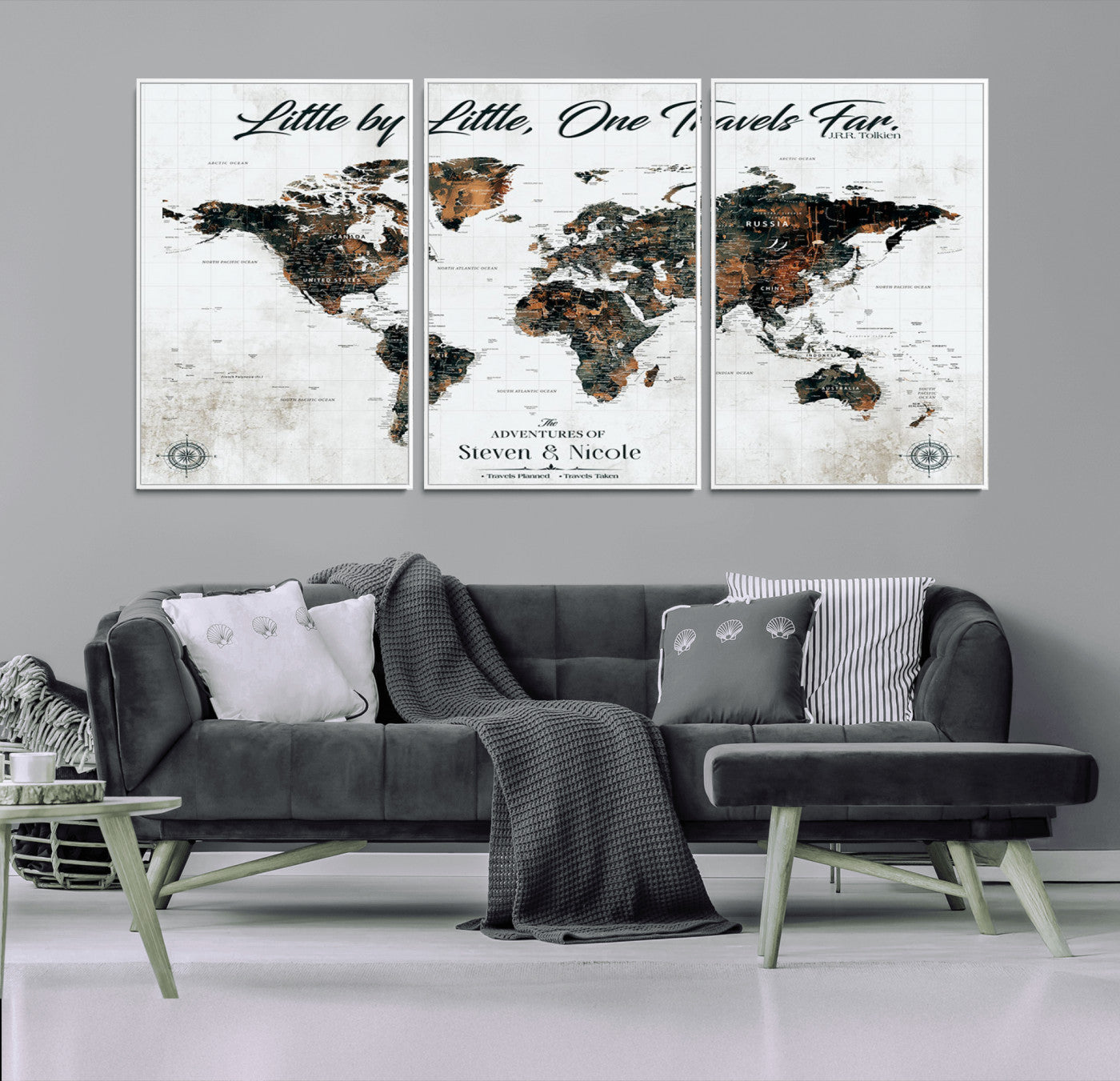 88337180-MGV-CV-36X24-Little by Little One Travels Far Tolkien Quote World Map Rustic Black Brown Adventure Wall Art Canvas Print for Home Office Living
