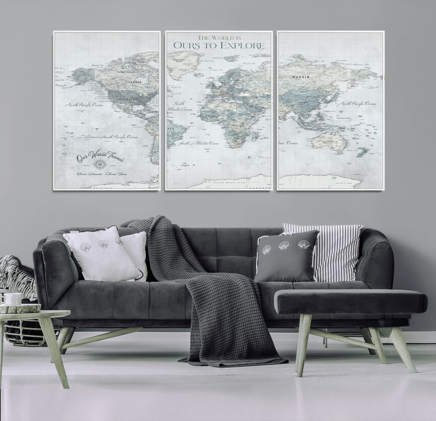 94249974-MGV-CV-36X24-Ours Explore World Map Wall Art – Modern Travel Canvas Print, Neutral Adventure Decor for Living Room, Office, Study, Bedroom,