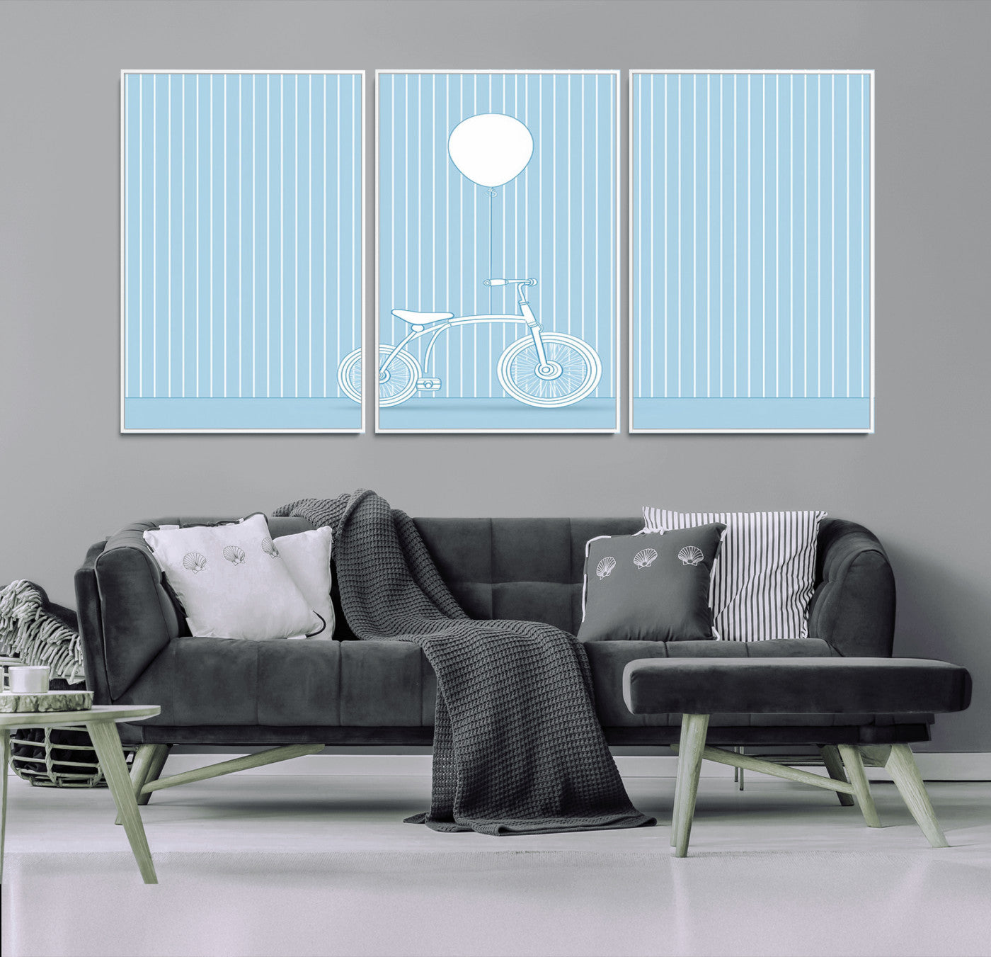 56479838-MGV-CV-36X24-Bicycle Wall Art – Minimalist Blue Canvas Print with Balloon Illustration, Modern Decor Artwork for Kids Room, Nursery, or Living