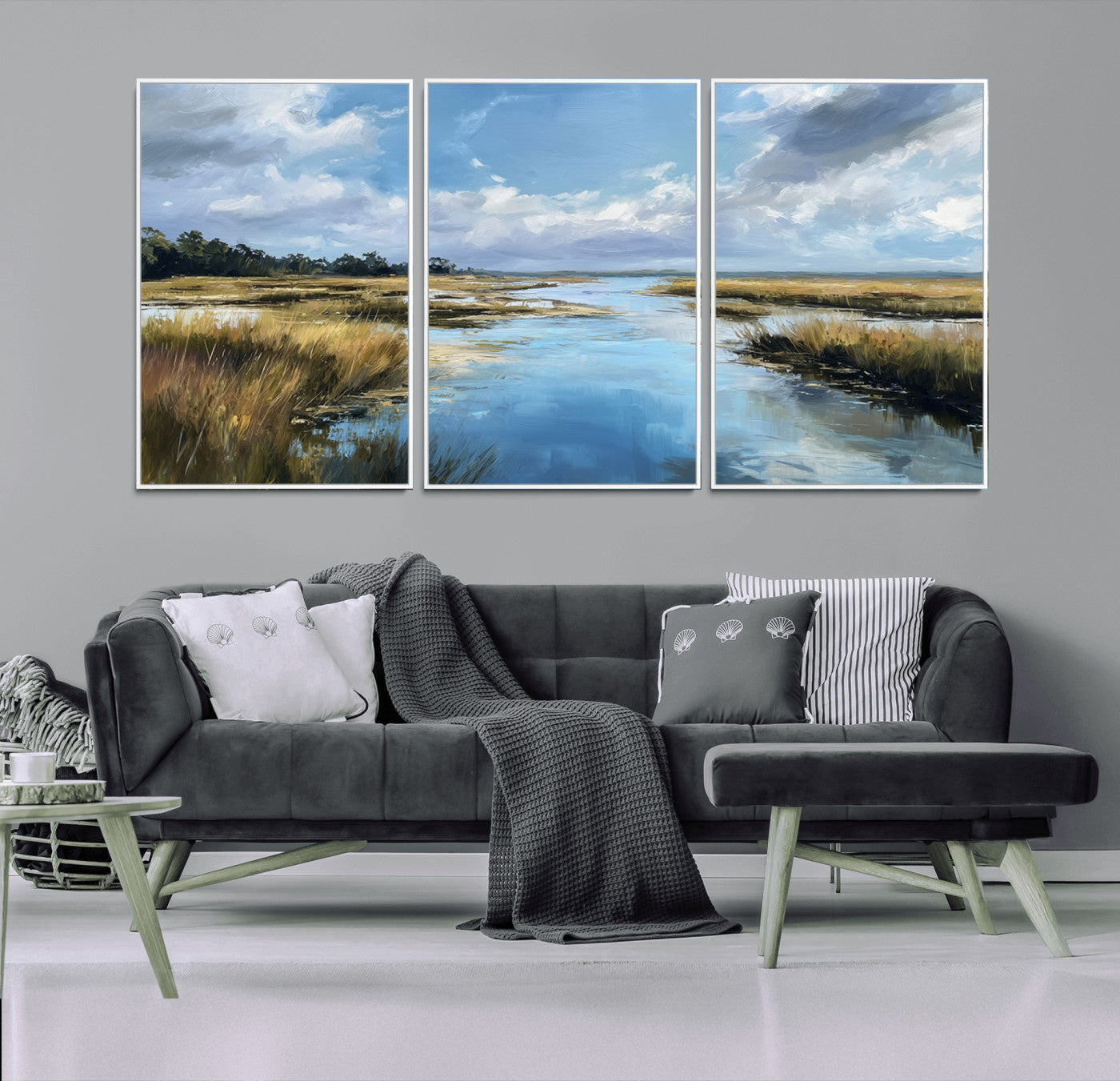 87082041-MGV-CV-36X24-Marshland Landscape Wall Art – Serene Nature Canvas Print with Blue Sky and Reflections, Tranquil Scenic Painting for Living Room,