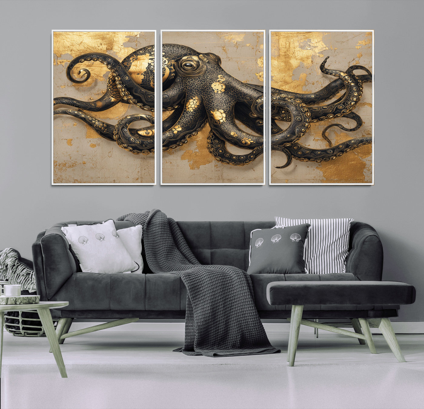 57944271-MGV-CV-36X24-Octopus Wall Art – Black and Gold Nautical Canvas Print, Modern Ocean Inspired Artwork with Elegant Detailing, Coastal Marine