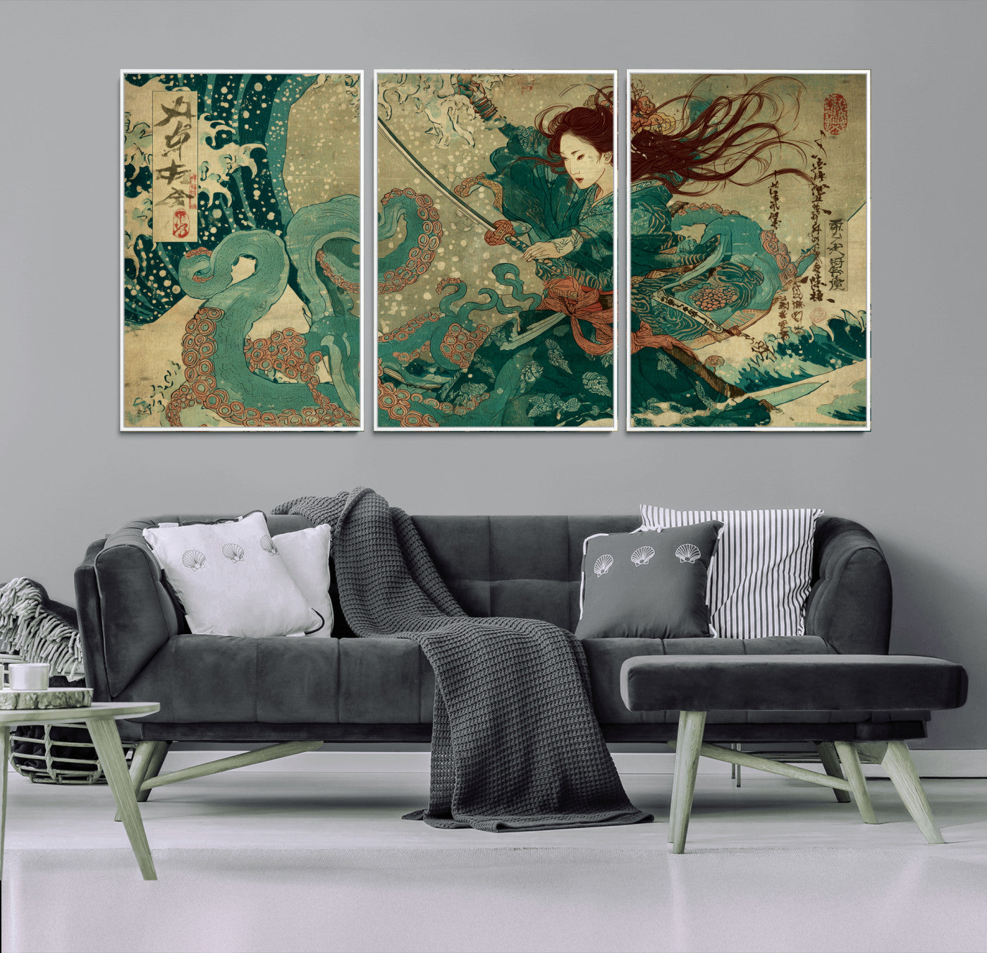 86918027-MGV-FC-60X30-3P_White-Tsukioka Yoshitoshi Samurai Wall Art Print, Japanese Katana Warrior Canvas Wall Art, Octopus Sea Monster Canvas Print,