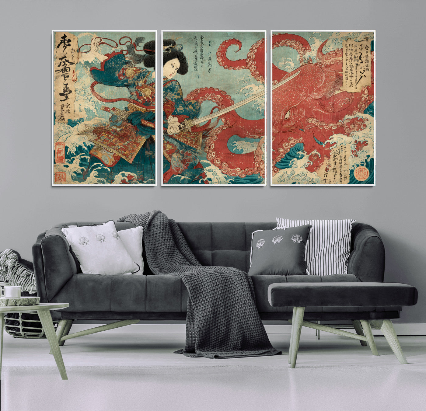 68844327-MGV-FC-60X30-3P_White-Tsukioka Yoshitoshi Samurai Wall Art Print, Japanese Katana Warrior Canvas Wall Art, Octopus Sea Monster Canvas Print,