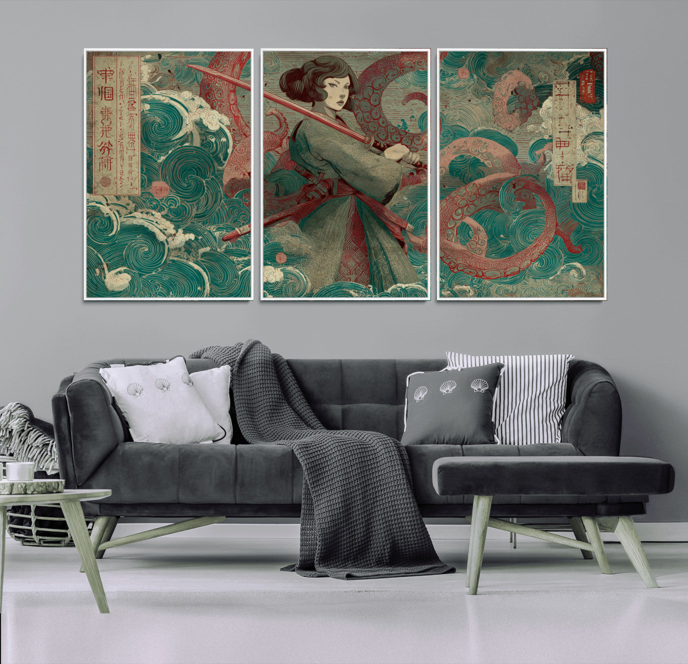 91666601-MGV-CV-36X24-Samurai Woman vs Octopus Wall Art – Japanese Ukiyo-e Green Robe Canvas Print, Ocean Battle Artwork for Living Room, Office, Man