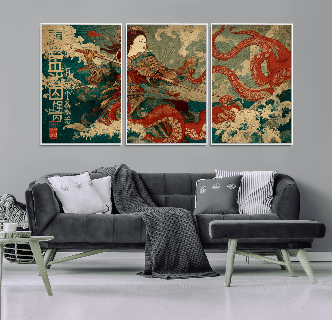 60201267-MGV-CV-36X24-Samurai Woman vs Octopus Wall Art – Japanese Ukiyo-e Armor Canvas Print, Red Tentacle Ocean Battle Artwork for Living Room,