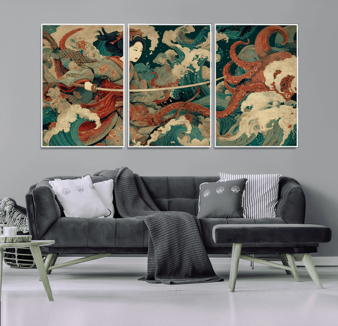 30212982-MGV-CV-36X24-Samurai Woman vs Octopus Wall Art – Japanese Ukiyo-e Style Warrior and Sea Monster Canvas Print, Mythology Inspired Artwork for