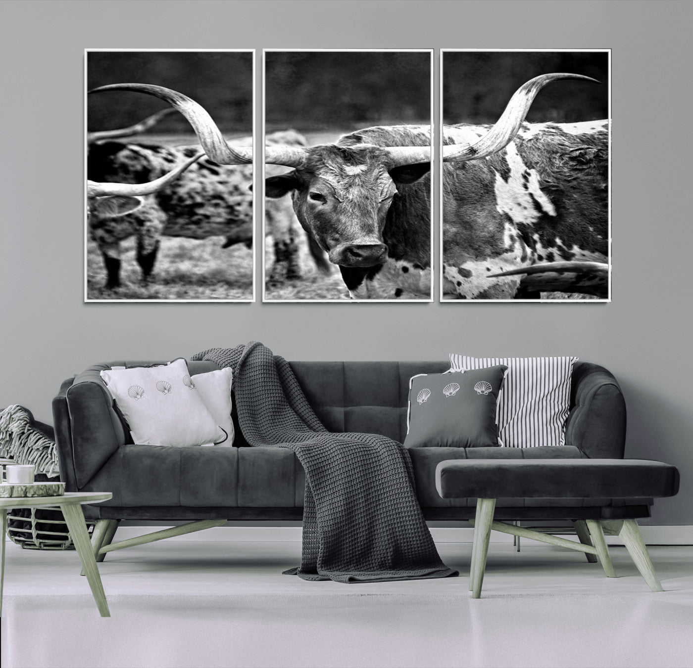 15425553-MGV-FC-60X30-3P_White-Western Wall Art – Longhorn Cattle Black and White Canvas Print, Rustic Ranch Photography Decor for Bedroom, Living Room, Office,
