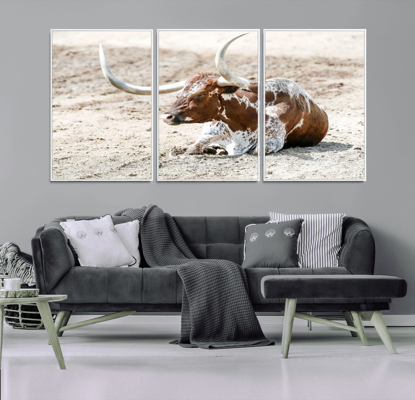 89096667-MGV-FC-60X30-3P_White-Texas Longhorn Wall Art – Rustic Western Canvas Print, Cattle Photography Decor for Ranch House, Living Room, Office, Man Cave