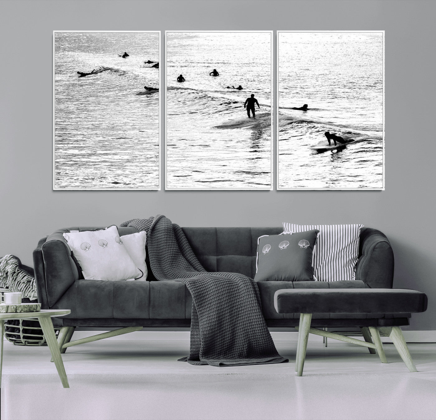 68018616-MGV-CV-36X24-Black and White Surf Photography Print – Minimalist Ocean Wall Art, Surfers Riding Waves, Coastal Beach Decor for Modern Home or