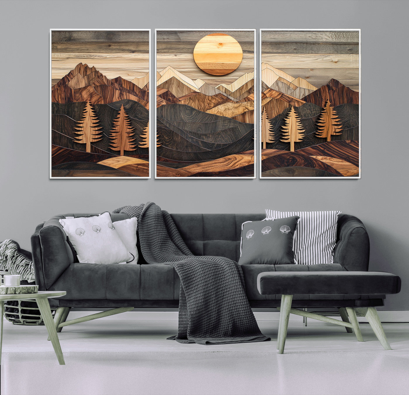90044381-MGV-CV-36X24-Rustic Wall Art – Wooden Mountain Landscape with Sun and Pine Trees, Handcrafted Nature Canvas Style Decor for Bedroom, Living