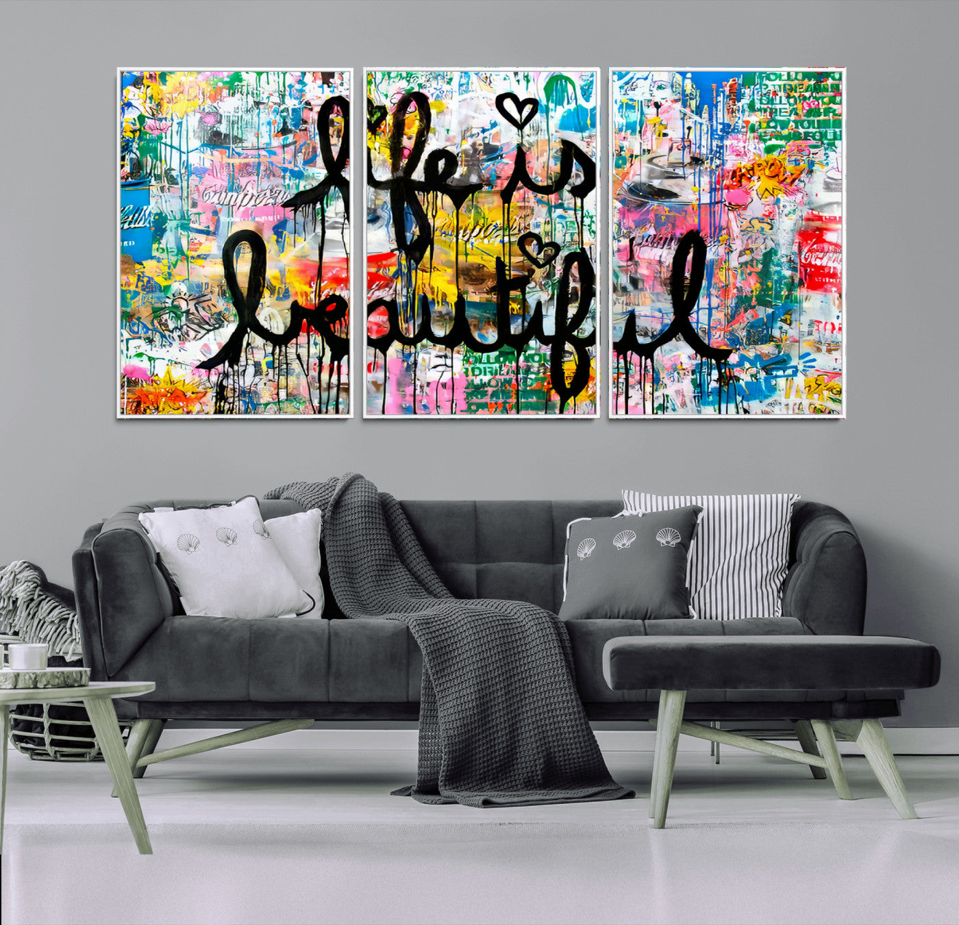 36856-MGV-FC-60X30-3P_White-Life Is Beautiful Wall Art – Colorful Graffiti Canvas Print, Modern Street Style Artwork, Inspirational Decor for Living Room,