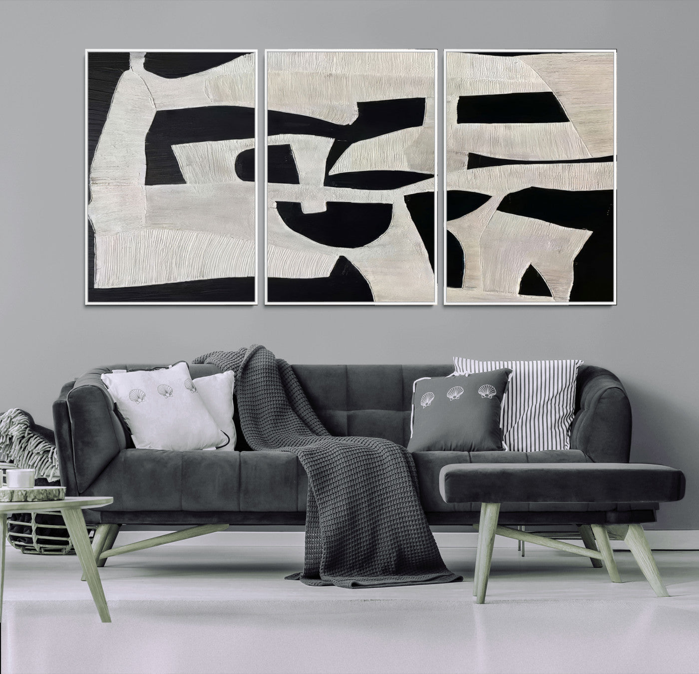 33714-MGV-CV-36X24-Monochrome Design Wall Art Canvas Print, Framed Modern Linework Art Picture Print, Textured Shapes Perfect Monochrome Modern Decor