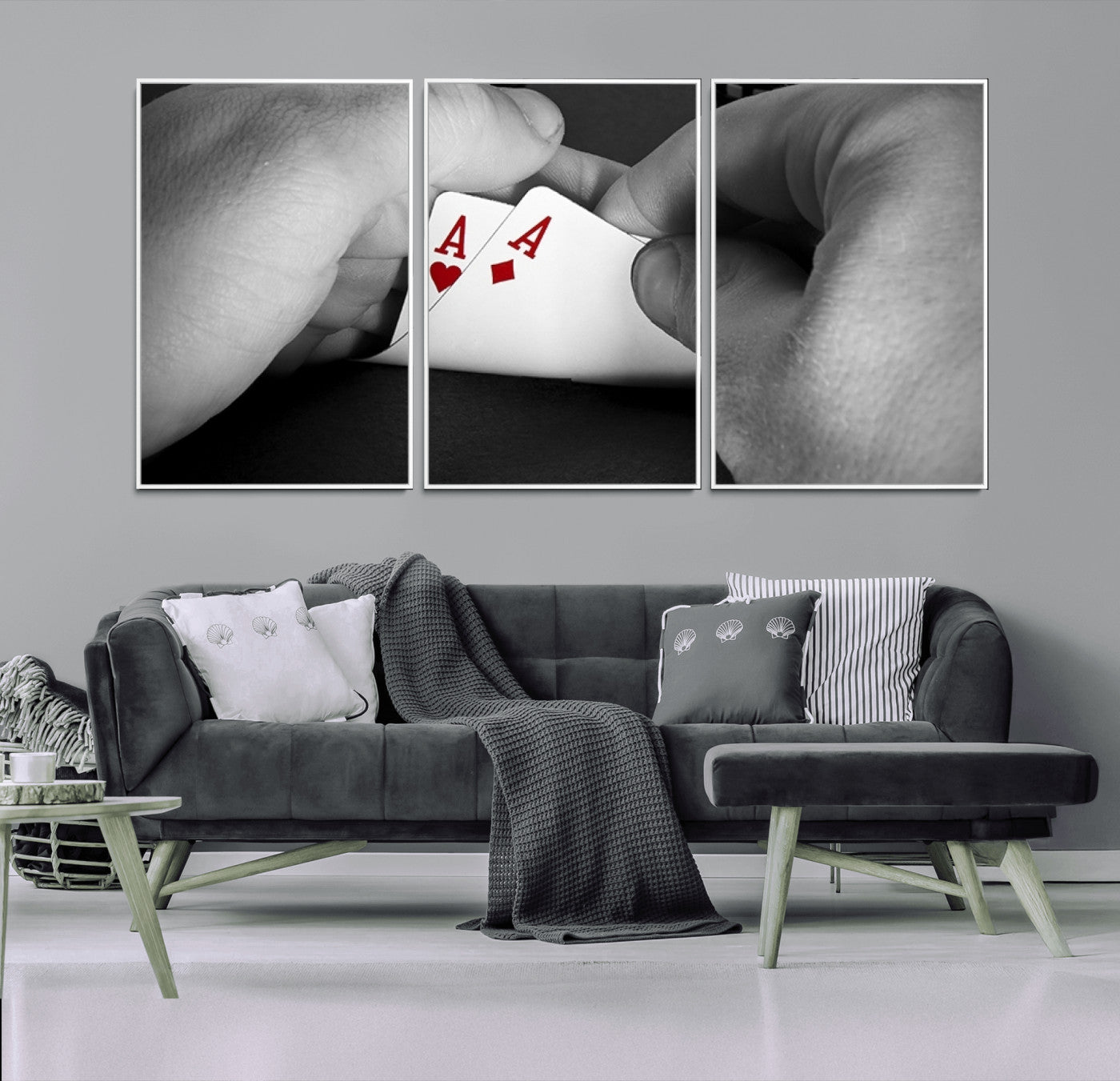 62460-MGV-CV-36X24-Poker Game Wall Art – Close Up of Hands Holding Aces with Chips, Casino Style Decor for Game Room, Man Cave or Office