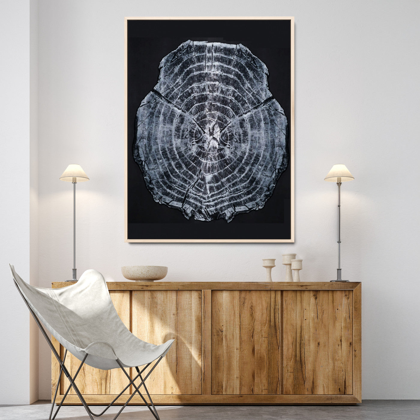 67859667-MGV-CV-24X36-Tree Ring Wall Art Wall Art Canvas Print, Framed Wood Slice Canvas Art Picture Print, Monochrome Nature Decor Perfect Modern