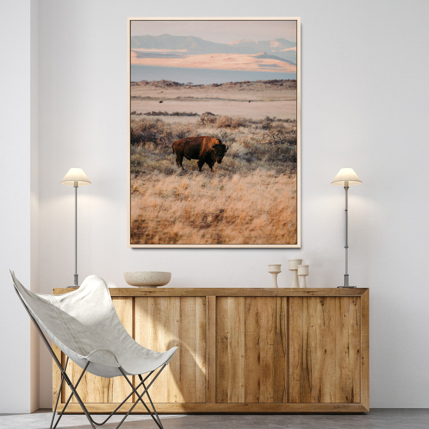 75146693-MGV-CV-24X36-Solitary Buffalo Wall Art Canvas Print, Framed Golden Prairie Art Picture Print, Earthy Tones Perfect Rustic Western Decor Artwork