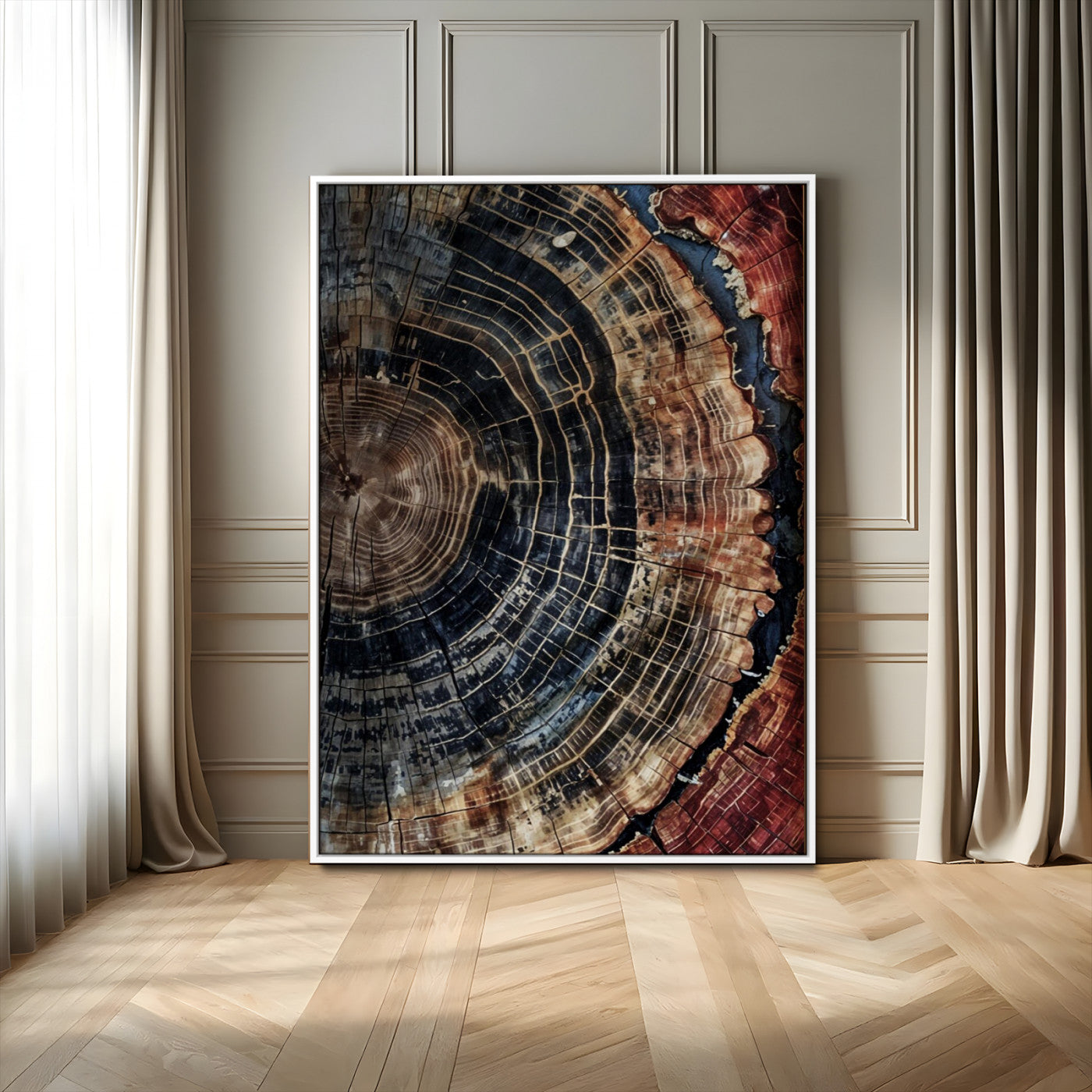 Test1-MGV-FC-24X36_White-Rustic Tree Ring Wall Art – Abstract Wood Grain Canvas Print, Natural Blue and Red Toned Artwork for Living Room, Bedroom, Office