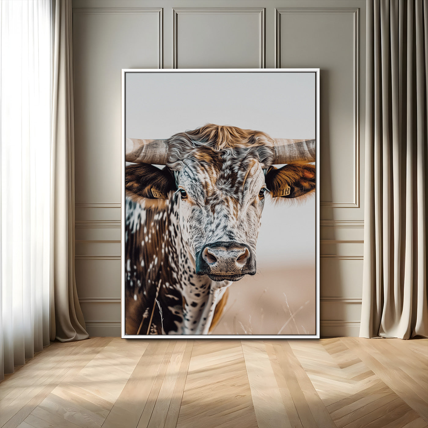 50803532-MGV-FC-24X36-Texas Longhorn Wall Art Canvas Print, Framed Speckled Cow Art Picture Print, Horned Bull Perfect Rustic Western Decor Artwork