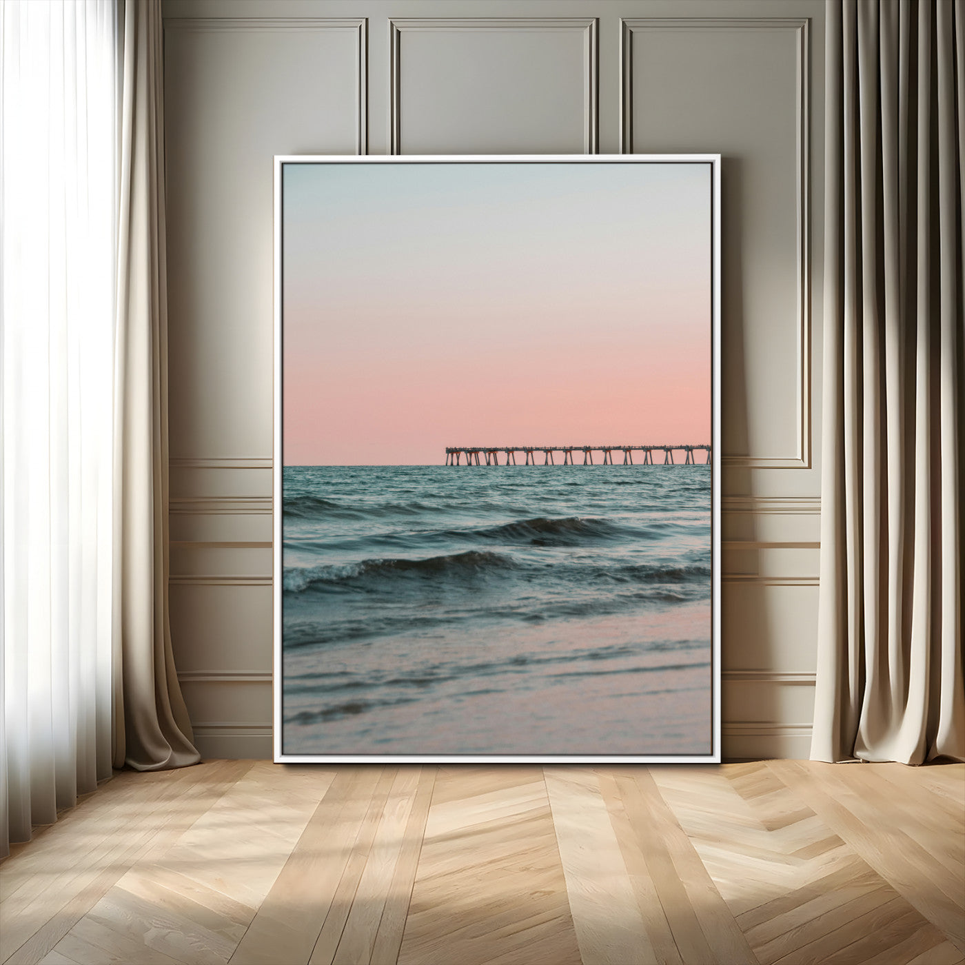 89450227-MGV-FC-24X36_White-Minimalist Seascape Wall Art Canvas Print, Framed Soft Pastel Sunset Art Picture Print, Tranquil Ocean Perfect Minimalist Coastal
