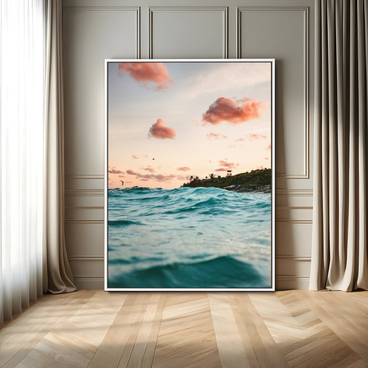 13960366-MGV-FC-24X36_White-Tropical Seascape Wall Art Canvas Print, Framed Sunset Ocean Art Picture Print, Coastal Aesthetic Perfect Coastal Bohemian Decor