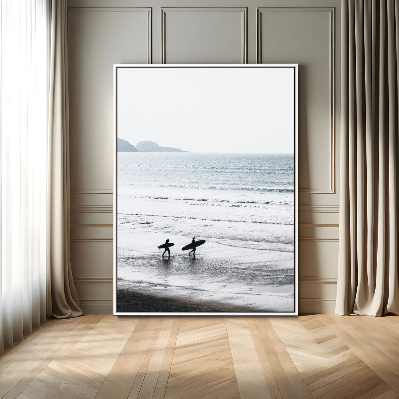 58090796-MGV-FC-24X36_White-Surfer Silhouettes Wall Art Canvas Print, Framed Minimalist Ocean Art Picture Print, Soft Horizon Perfect Minimalist Coastal Decor