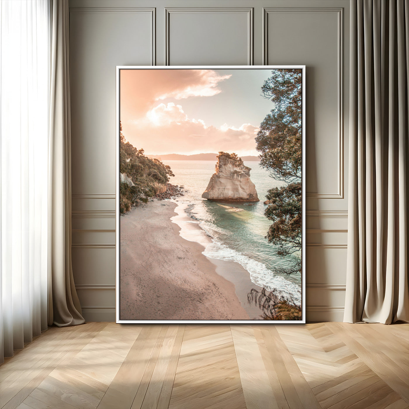 34220311-MGV-FC-24X36_White-Coastal Rock Wall Art – Sunset Beach Canvas Print with Ocean Waves and Golden Light, Scenic Seaside Photography for Bedroom,