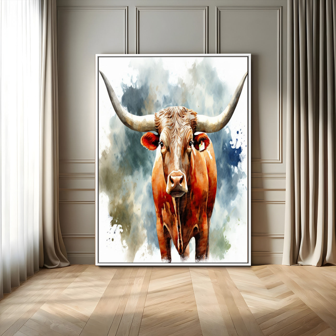 39803-MGV-FC-24X36_White-Texas Longhorn Wall Art Canvas Print, Framed Rustic Cattle Art Picture Print, Western Bull Perfect Rustic Western Decor Artwork